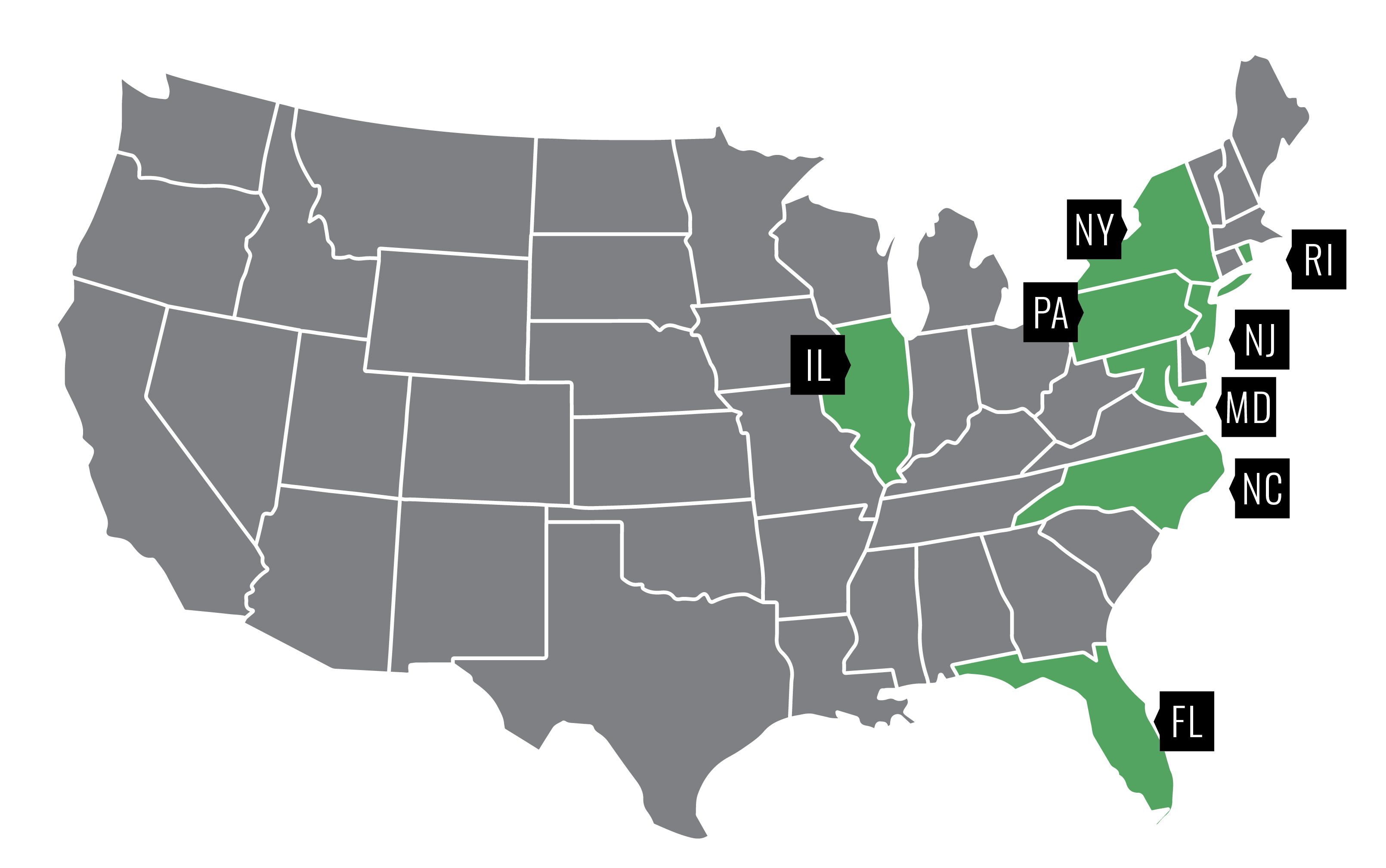US Map with IL, PA, NY, RI, NJ, MD, NC, FL highlighted in green